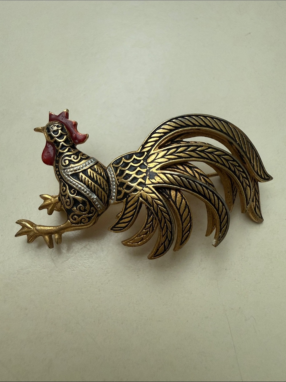 Vintage Spanish Damascene Rooster Brooch Pin – Stamped Spain